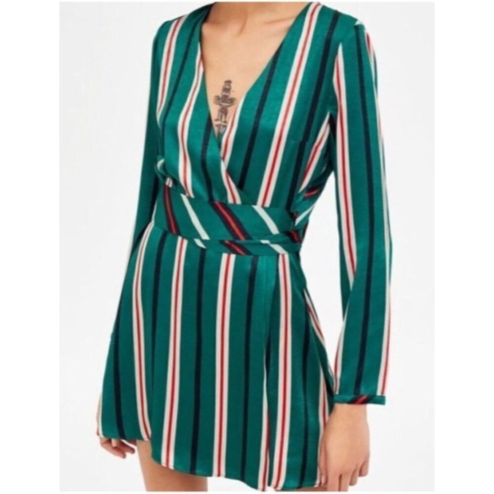 Zara Dress Blue Green Satin Wrap Sz S‎ Belted Long Sleeve Striped Romper